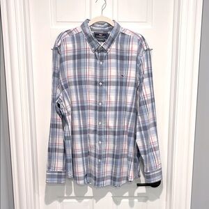 Vineyard Vines Slim Fit Whale Shirt XXL Blue White Pink Plaid Button Down Casual